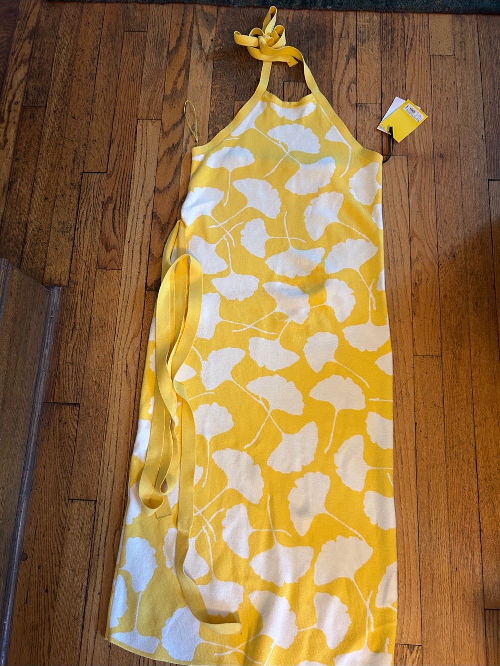 Diane Von Furstenberg Yellow and White Ginkgo Knit Halter Dress